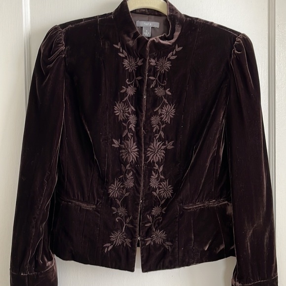 Brown Velvet Blazer Size 4 Floral Embroidered Fully Lined Stand Collar - Picture 5 of 10